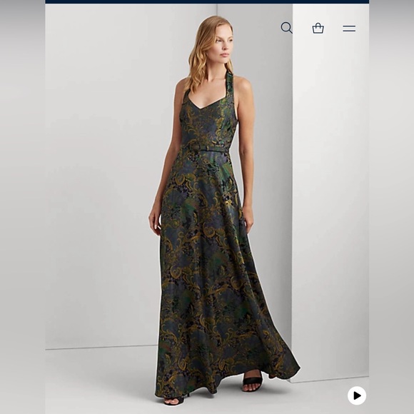 Mixed-Motif Belted Jacquard Halter Gown by Ralph Lauren size 6 - Picture 1 of 2